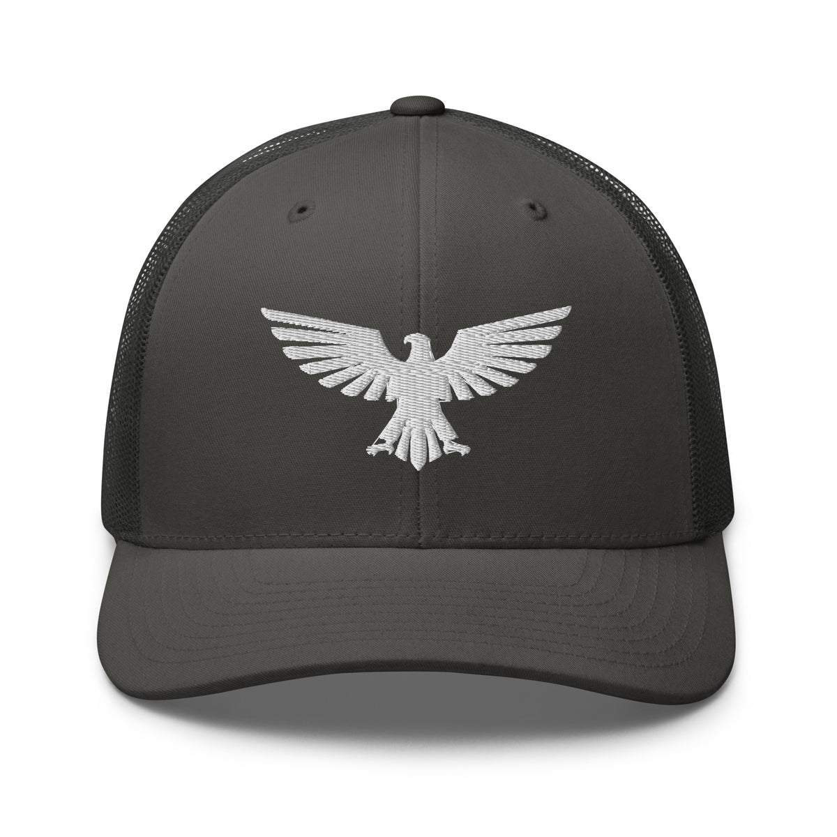 Charcoal, snapback hat, with embroidered patriotic eagle crest, front view