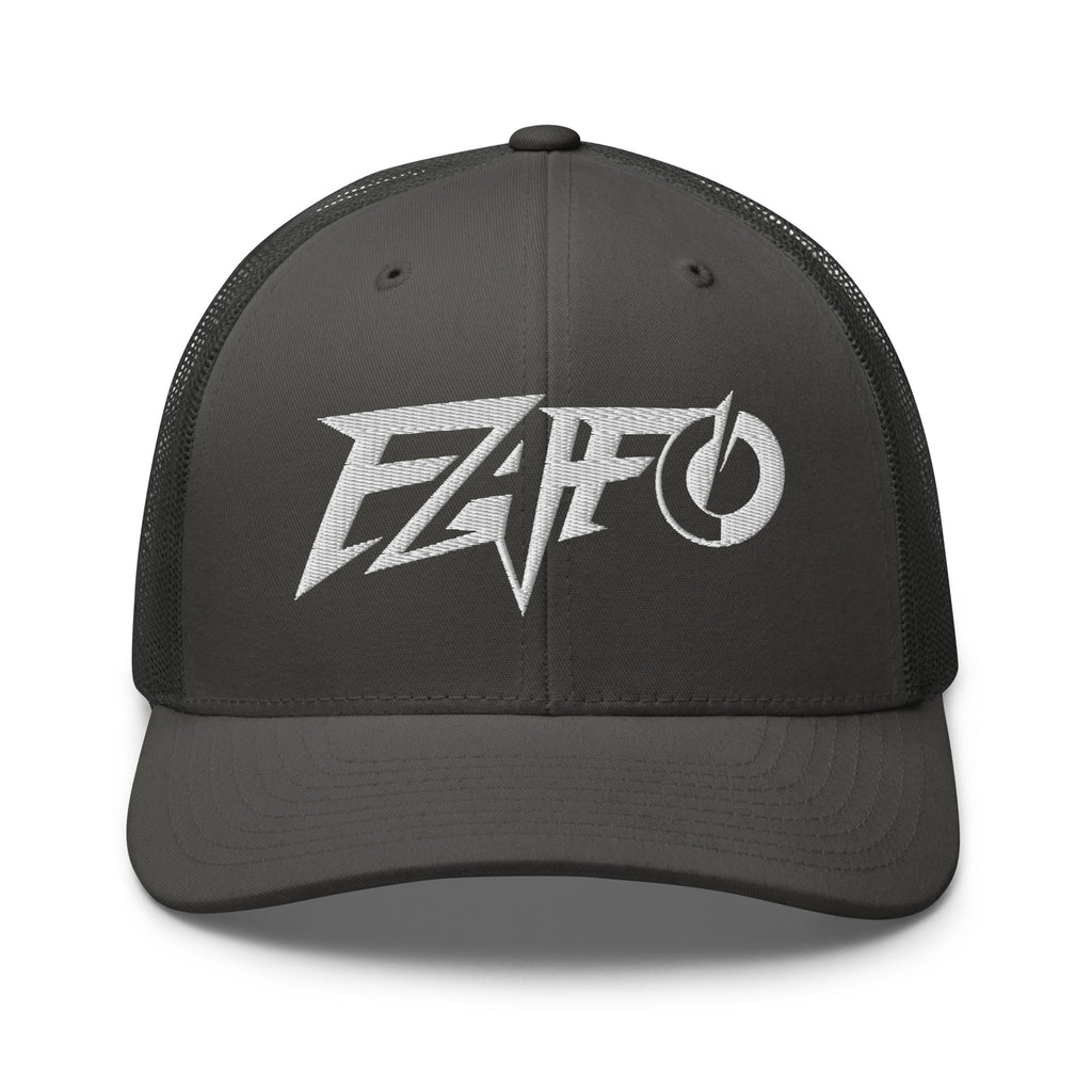Charcoal snapback trucker cap with embroidered FAFO Power design, front view