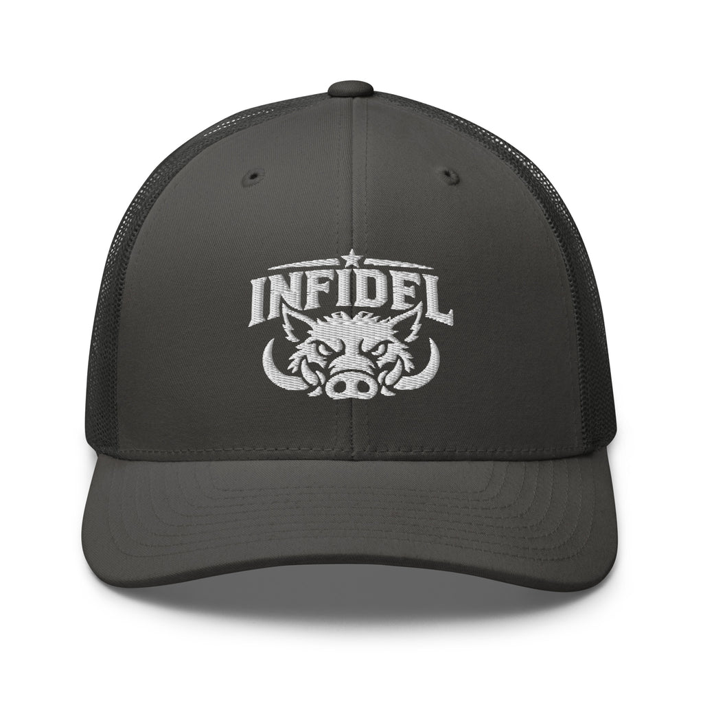 Charcoal snapback trucker cap with embroidered INFIDEL War Pig design, front view