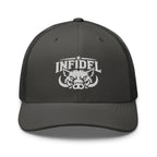 Charcoal snapback trucker cap with embroidered INFIDEL War Pig design, front view