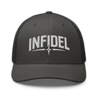 Charcoal snapback trucker cap with embroidered Infidel Spike design, front view