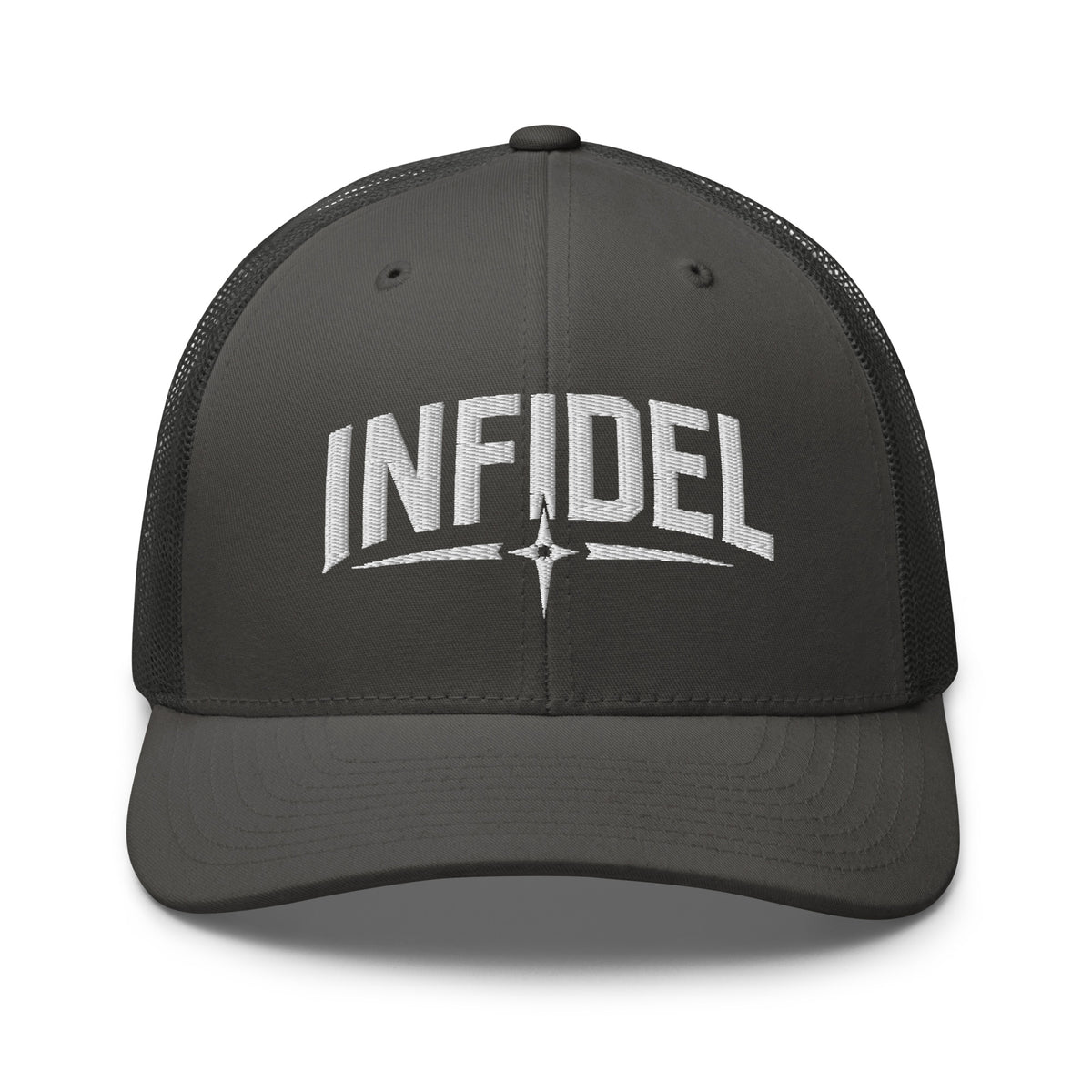 Charcoal snapback trucker cap with embroidered Infidel Spike design, front view
