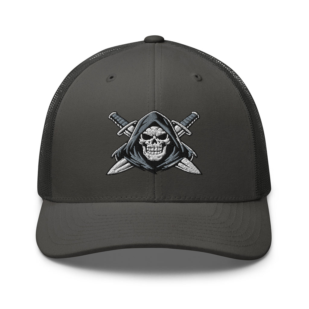 Charcoal snapback trucker cap with embroidered Only Fear Infidel reaper design, front view