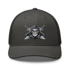 Charcoal snapback trucker cap with embroidered Only Fear Infidel reaper design, front view