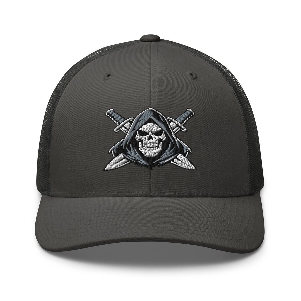 Charcoal snapback trucker cap with embroidered Only Fear Infidel reaper design, front view
