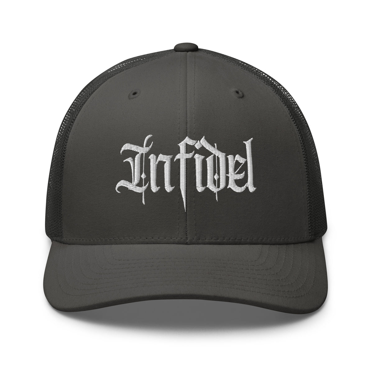 Charcoal snapback trucker cap with embroidered Infidel Script design, front view