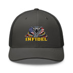 Charcoal mesh-back trucker cap with embroidered INFIDEL USA Flag Cobra front design, front view
