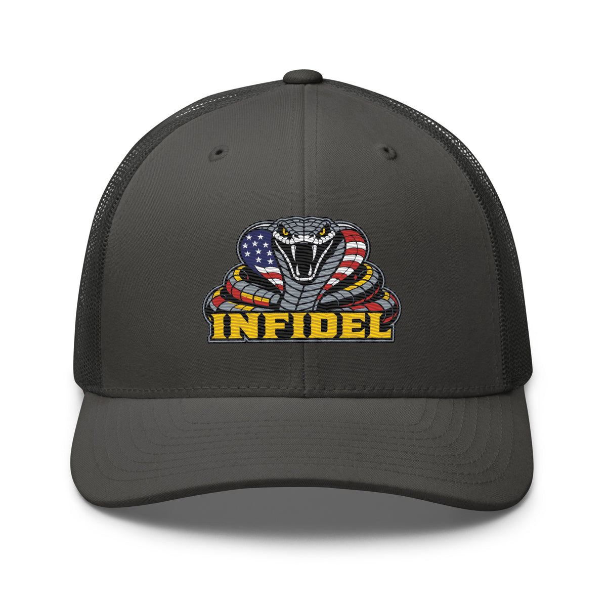 Charcoal mesh-back trucker cap with embroidered INFIDEL USA Flag Cobra front design, front view