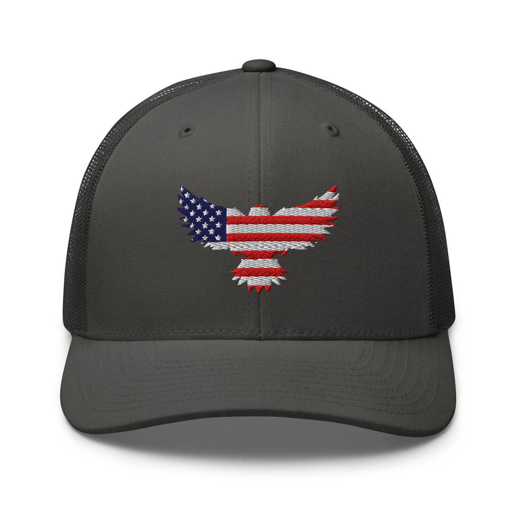 Charcoal trucker snapback cap, front view with Old Glory Eagle embroidery