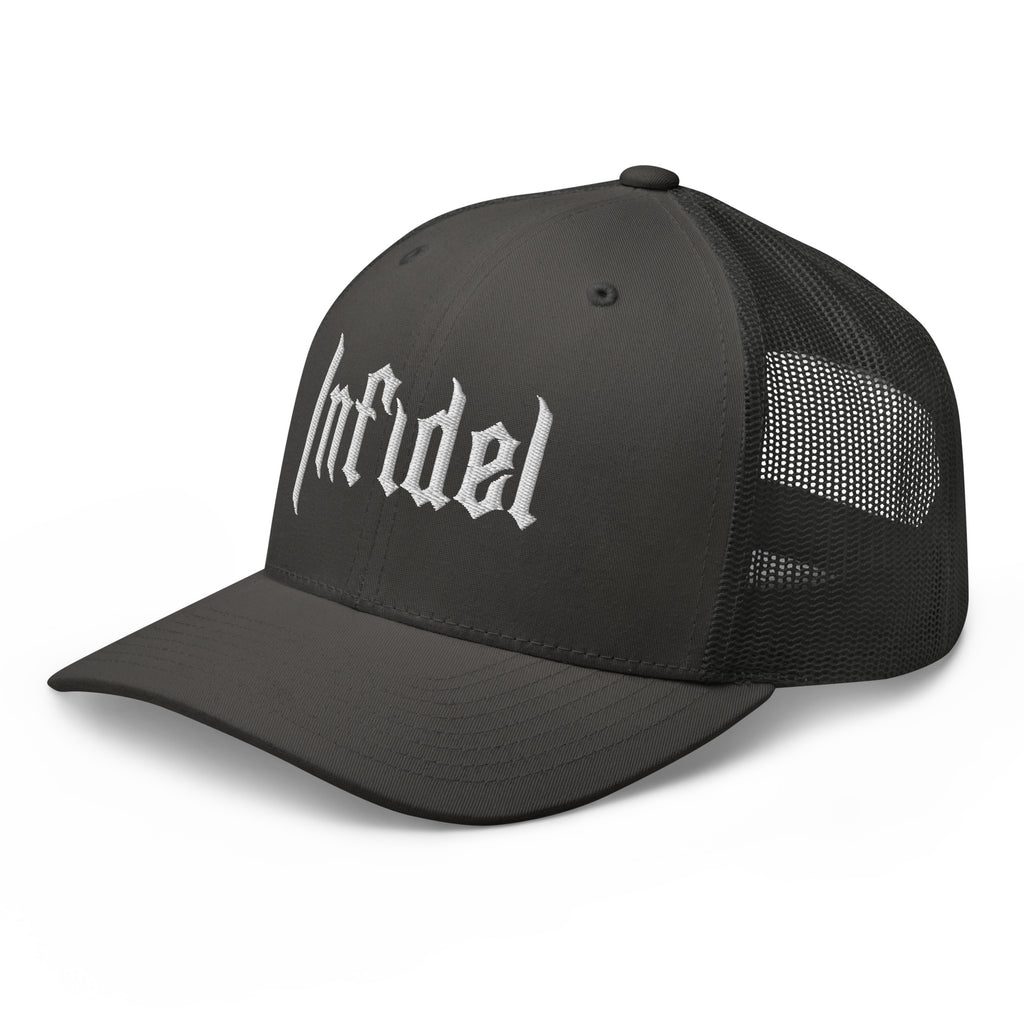 Charcoal, snapback hat, with embroidered OG INFIDEL mark, left front view