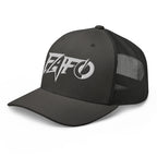 Charcoal snapback trucker cap with embroidered FAFO Power design, left front view