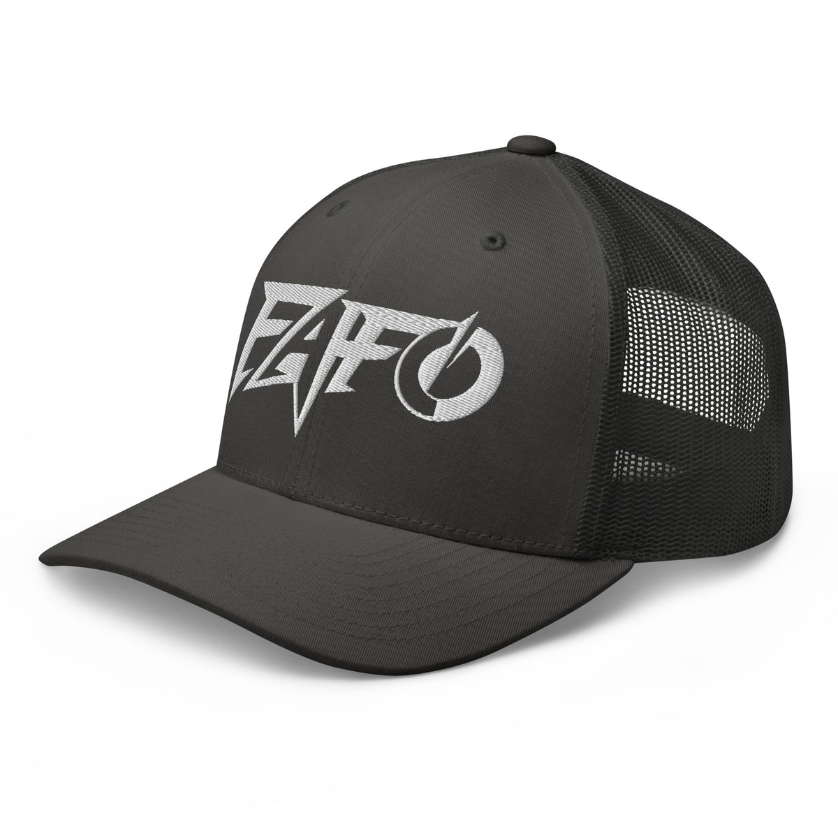 Charcoal snapback trucker cap with embroidered FAFO Power design, left front view