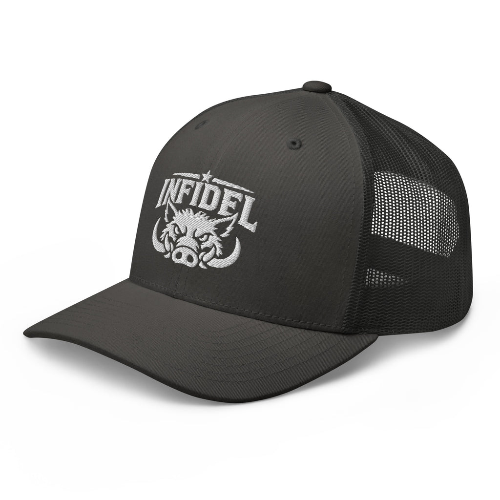 Charcoal snapback trucker cap with embroidered INFIDEL War Pig design, left front view
