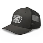 Charcoal snapback trucker cap with embroidered INFIDEL War Pig design, left front view