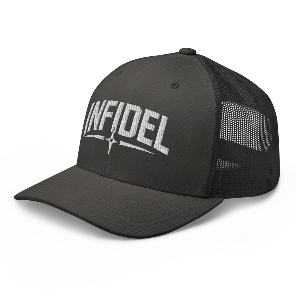 Charcoal snapback trucker cap with embroidered Infidel Spike design, left front view