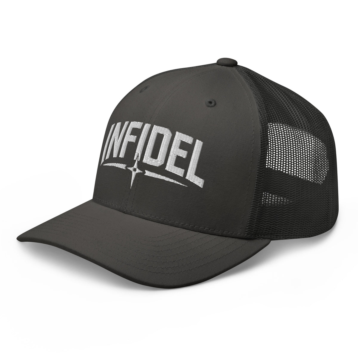 Charcoal snapback trucker cap with embroidered Infidel Spike design, left front view