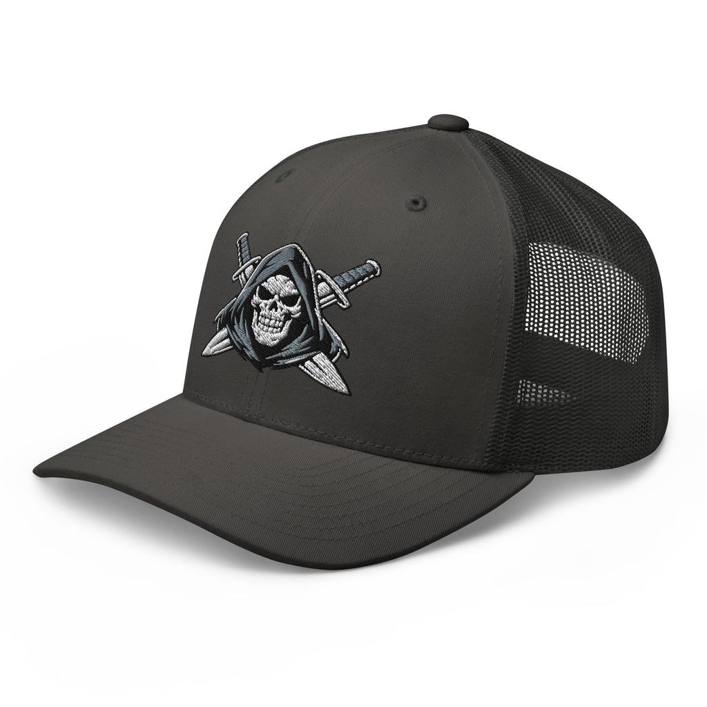 Charcoal snapback trucker cap with embroidered Only Fear Infidel reaper design, left front view