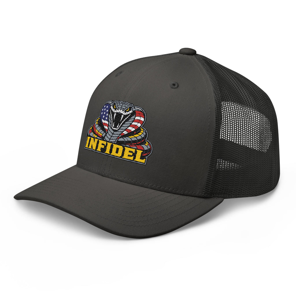 Charcoal mesh-back trucker cap with embroidered INFIDEL USA Flag Cobra design, left front view