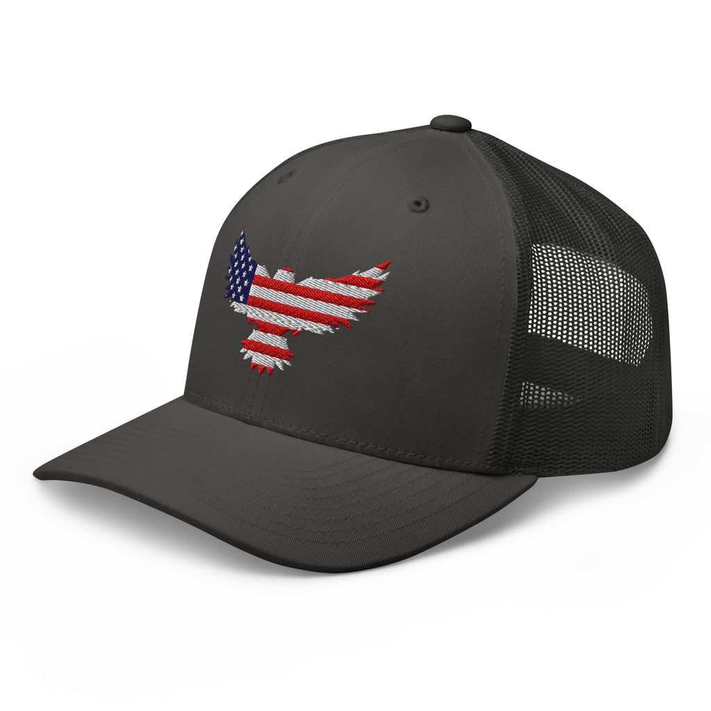 Charcoal trucker snapback cap, left front view with Old Glory Eagle embroidery