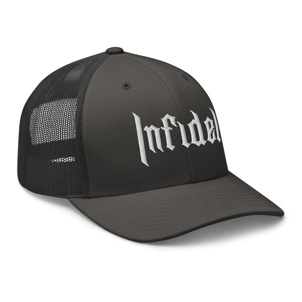 Charcoal, snapback hat, with embroidered OG INFIDEL mark, right front view