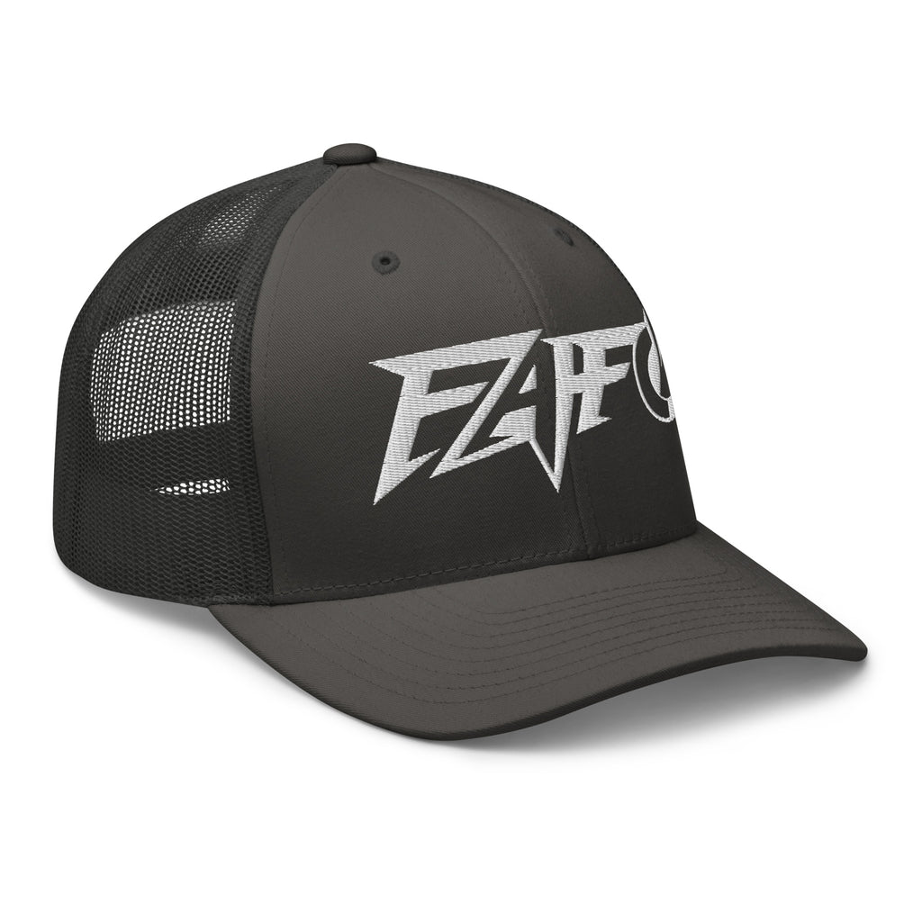 Charcoal snapback trucker cap with embroidered FAFO Power design, right front view