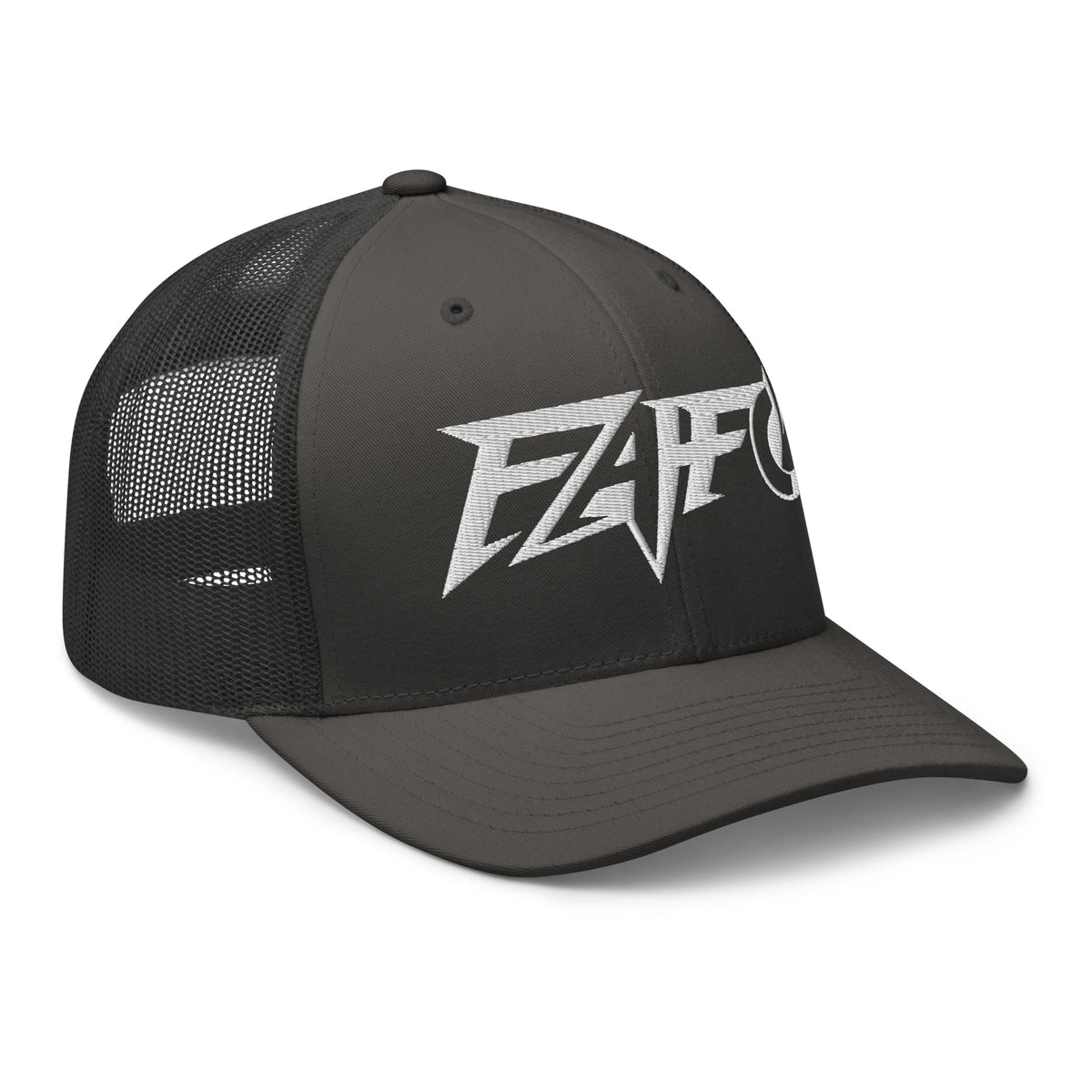 Charcoal snapback trucker cap with embroidered FAFO Power design, right front view