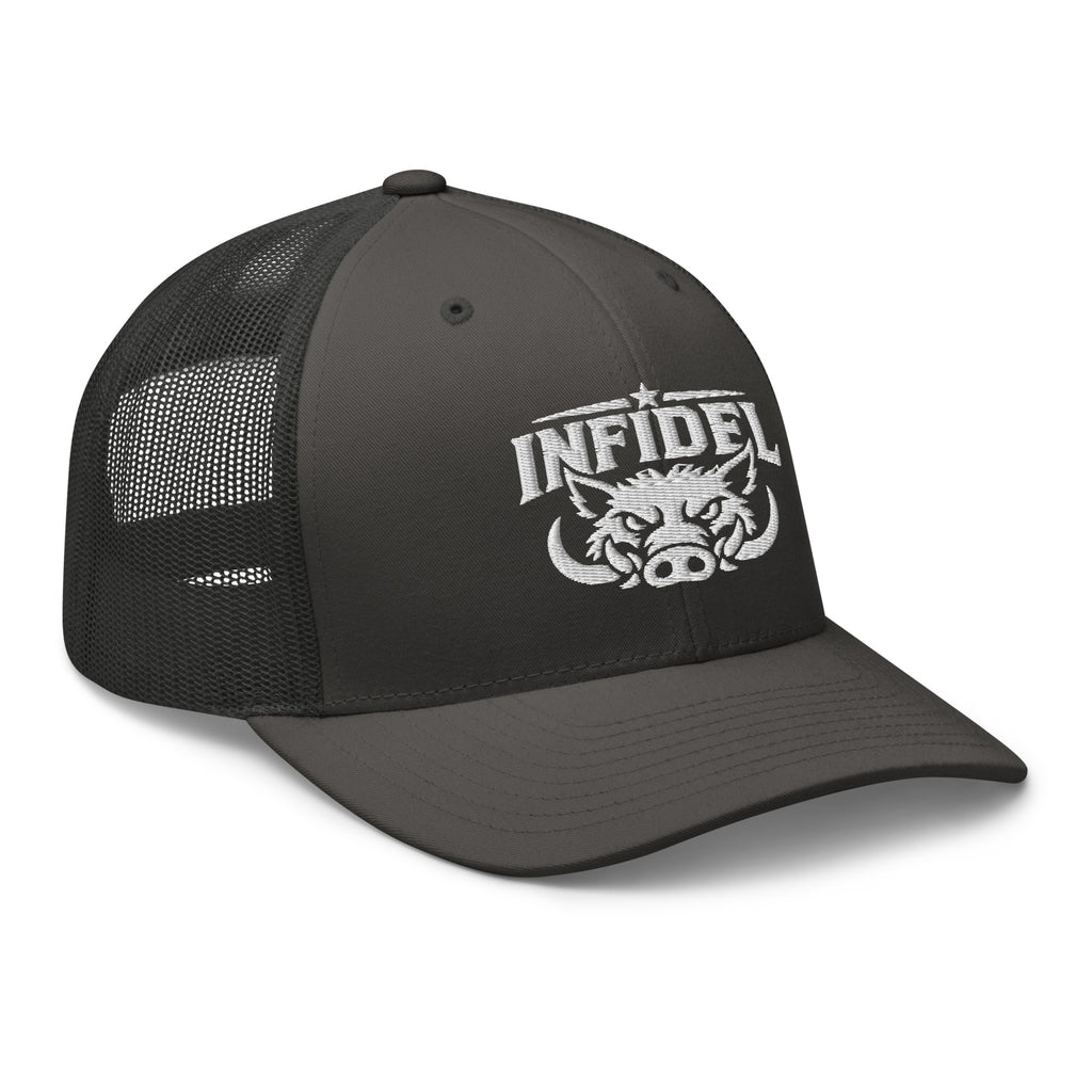 Charcoal snapback trucker cap with embroidered INFIDEL War Pig design, right front view