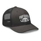 Charcoal snapback trucker cap with embroidered INFIDEL War Pig design, right front view