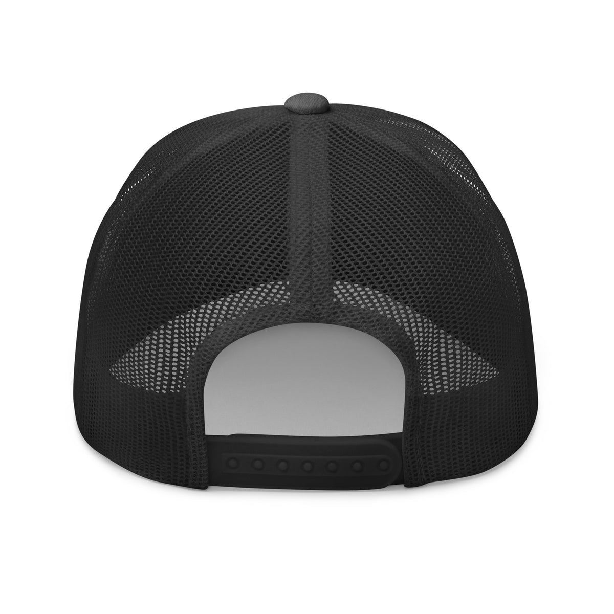 Dark Heather Gray snapback trucker cap with embroidered Only Fear Infidel reaper design, back view