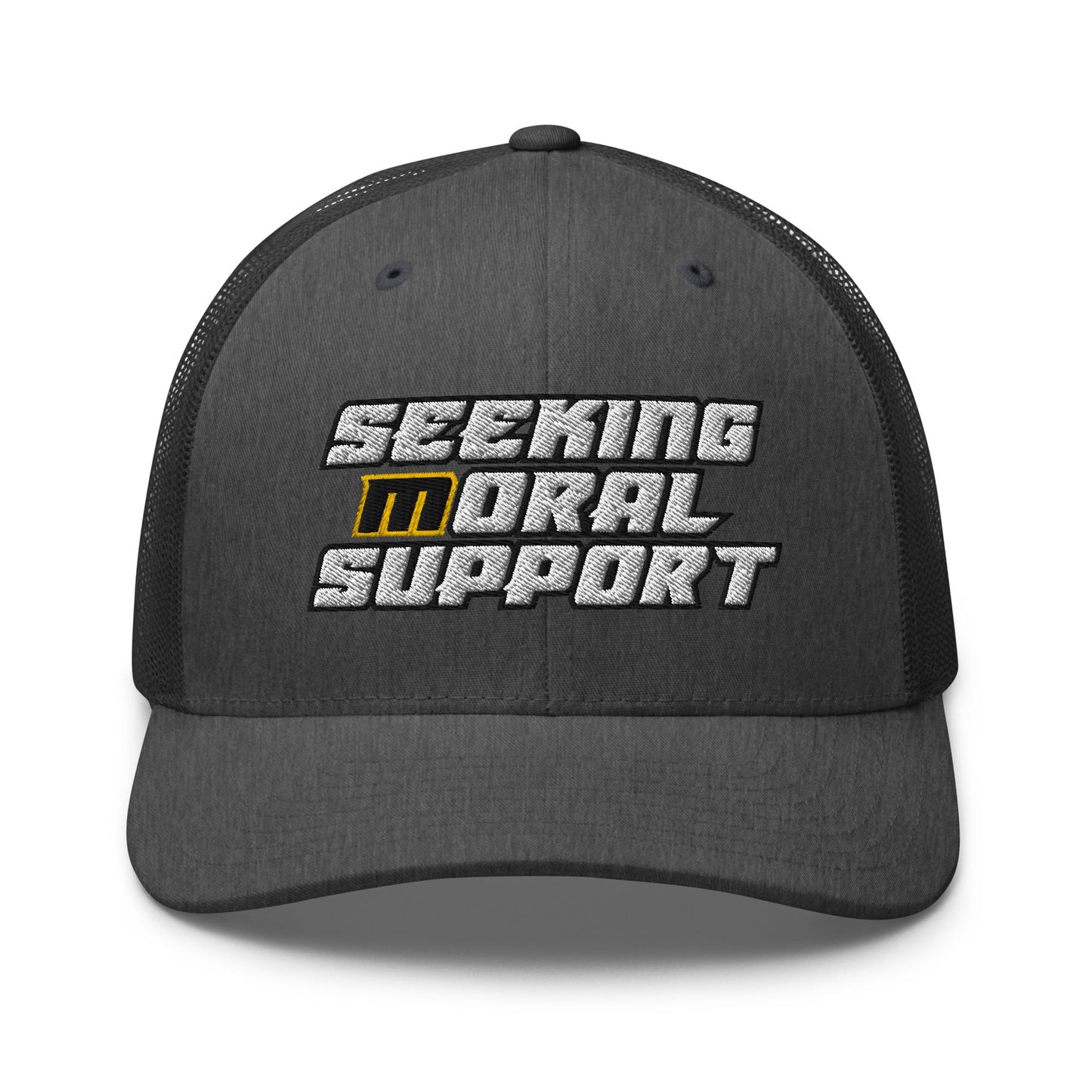 Dark-Heather-Gray Snapback Custom Trucker Hat – Funny NSFW Seeking M-oral Support Vulgar Humor Infidel Collective