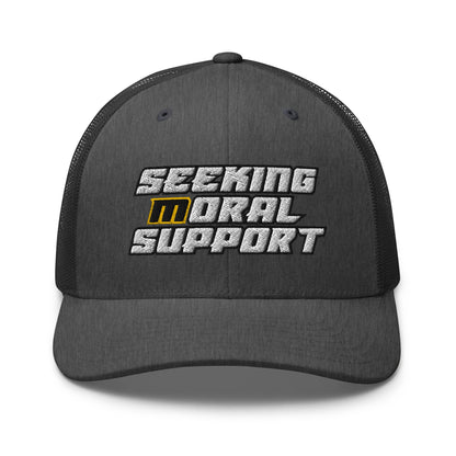 Dark-Heather-Gray Snapback Custom Trucker Hat – Funny NSFW Seeking M-oral Support Vulgar Humor Infidel Collective