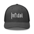 Dark Heather Gray, snapback hat, with embroidered OG INFIDEL mark, front view