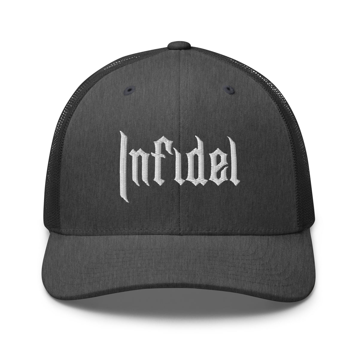 Dark Heather Gray, snapback hat, with embroidered OG INFIDEL mark, front view