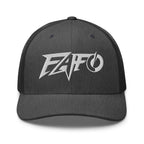 Dark Heather Gray snapback trucker cap with embroidered FAFO Power design, front view