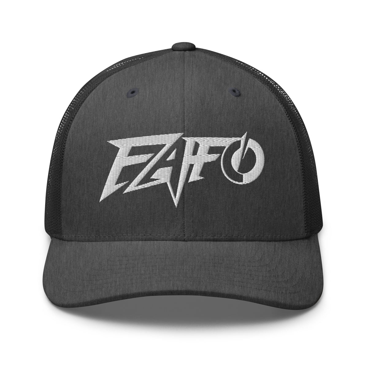 Dark Heather Gray snapback trucker cap with embroidered FAFO Power design, front view