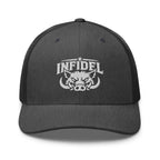 Dark Heather Gray snapback trucker cap with embroidered INFIDEL War Pig design, front view