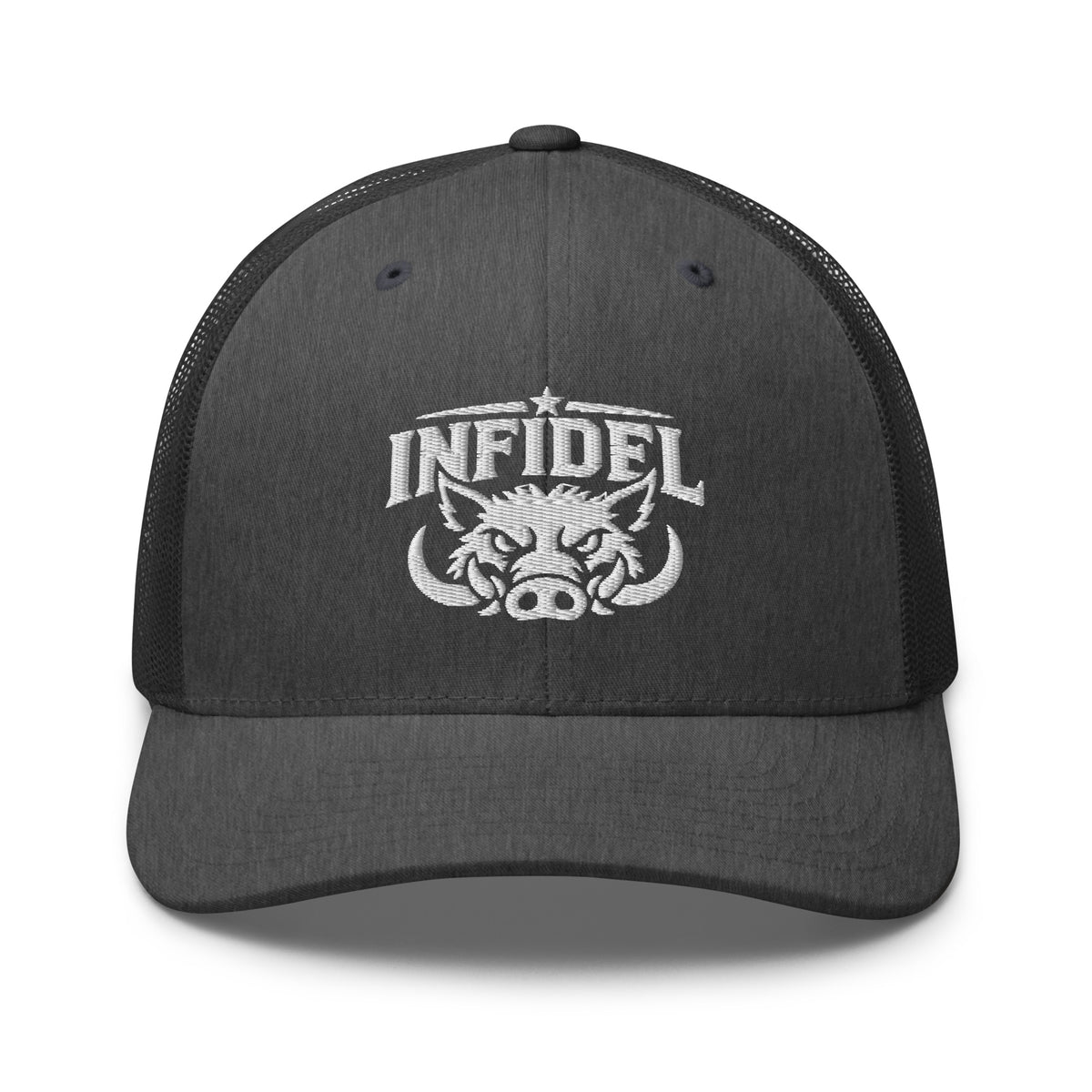 Dark Heather Gray snapback trucker cap with embroidered INFIDEL War Pig design, front view