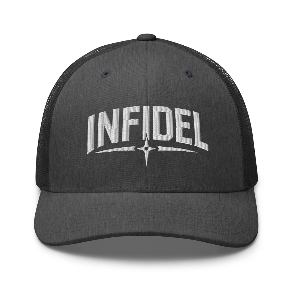 Dark Heather Gray snapback trucker cap with embroidered Infidel Spike design, front view