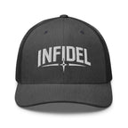 Dark Heather Gray snapback trucker cap with embroidered Infidel Spike design, front view