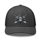 Dark Heather Gray snapback trucker cap with embroidered Only Fear Infidel reaper design, front view