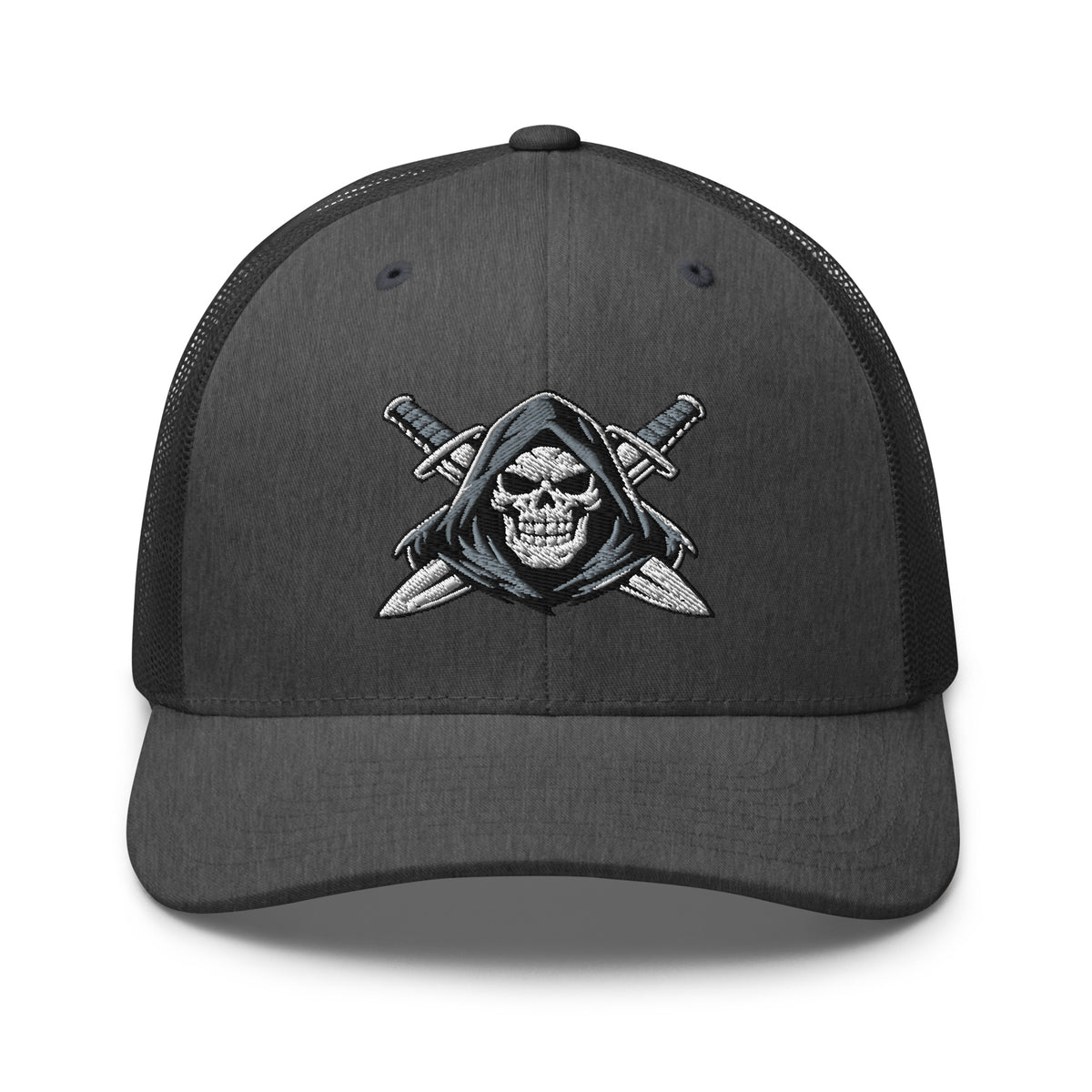 Dark Heather Gray snapback trucker cap with embroidered Only Fear Infidel reaper design, front view