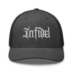Dark Heather Gray snapback trucker cap with embroidered Infidel Script design, front view