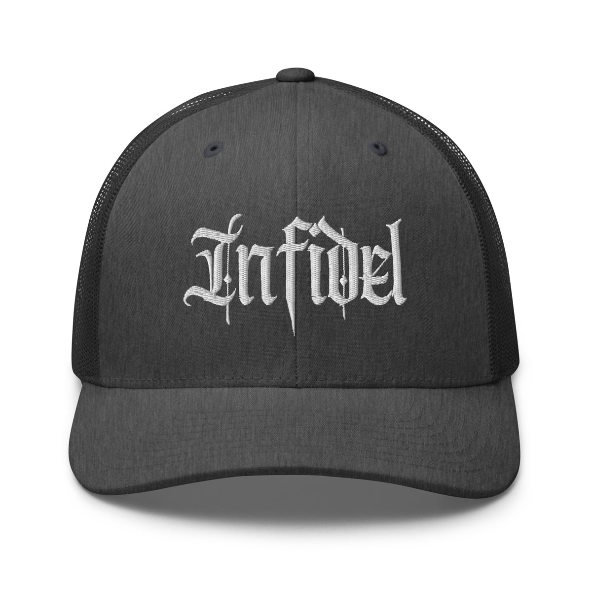 Dark Heather Gray snapback trucker cap with embroidered Infidel Script design, front view