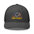 Dark Heather Gray mesh-back trucker cap with embroidered INFIDEL USA Flag Cobra front design, front view