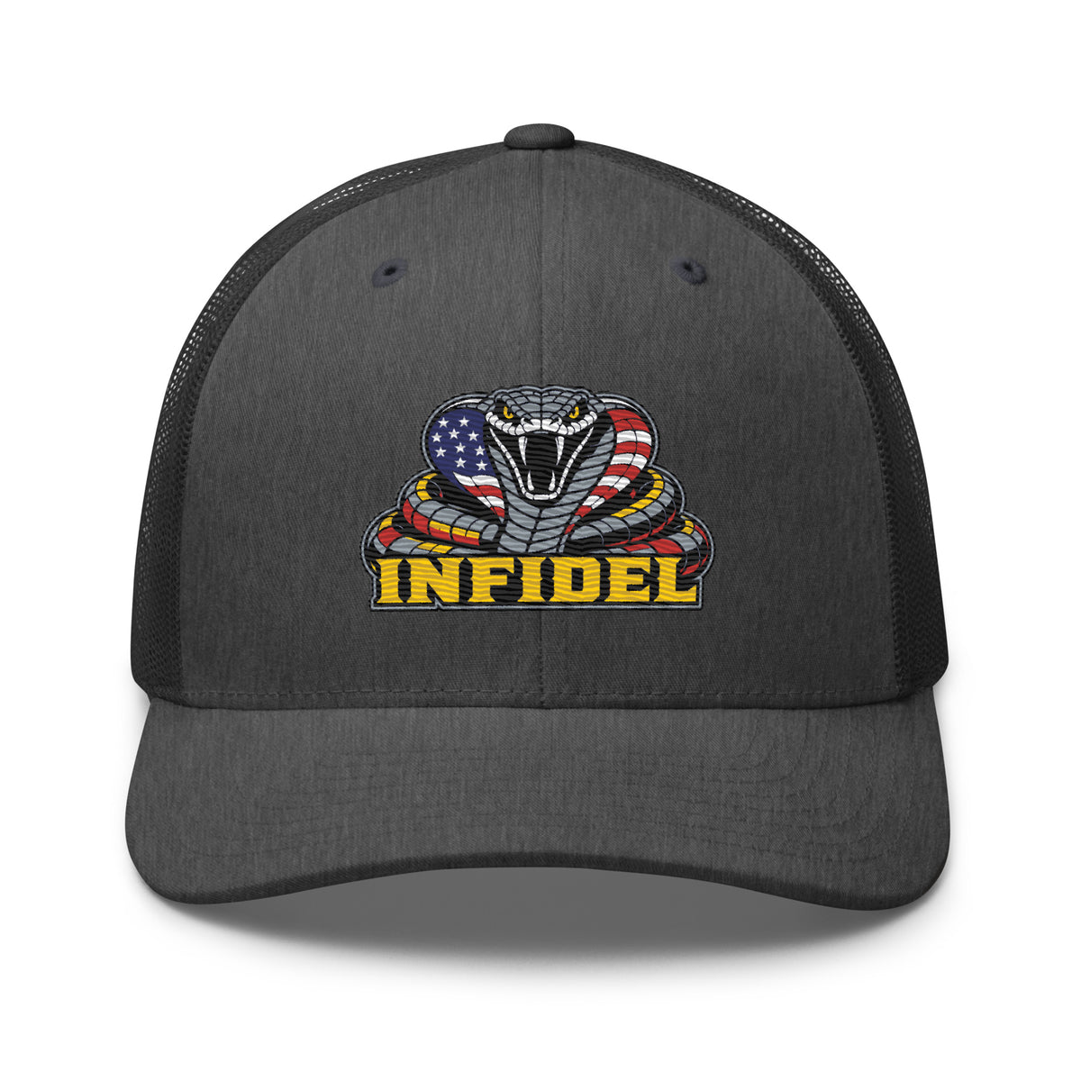 Dark Heather Gray mesh-back trucker cap with embroidered INFIDEL USA Flag Cobra front design, front view