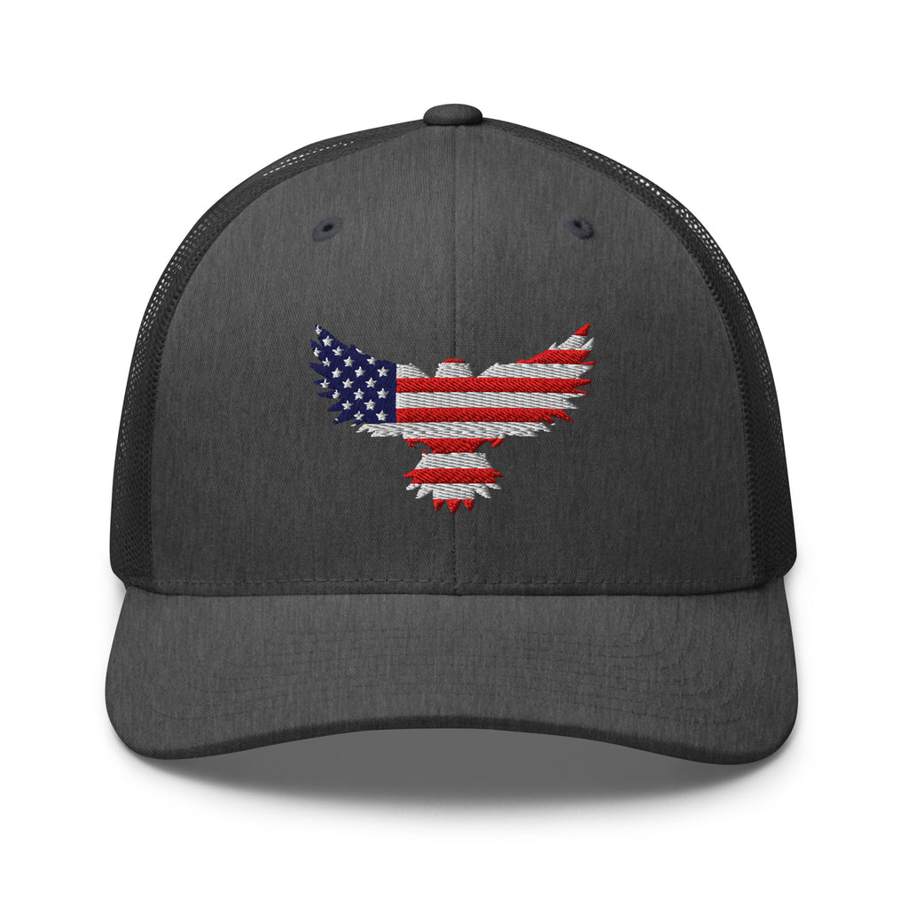 Dark Heather Gray trucker snapback cap, front view with Old Glory Eagle embroidery