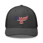Dark Heather Gray trucker snapback cap, front view with Old Glory Eagle embroidery