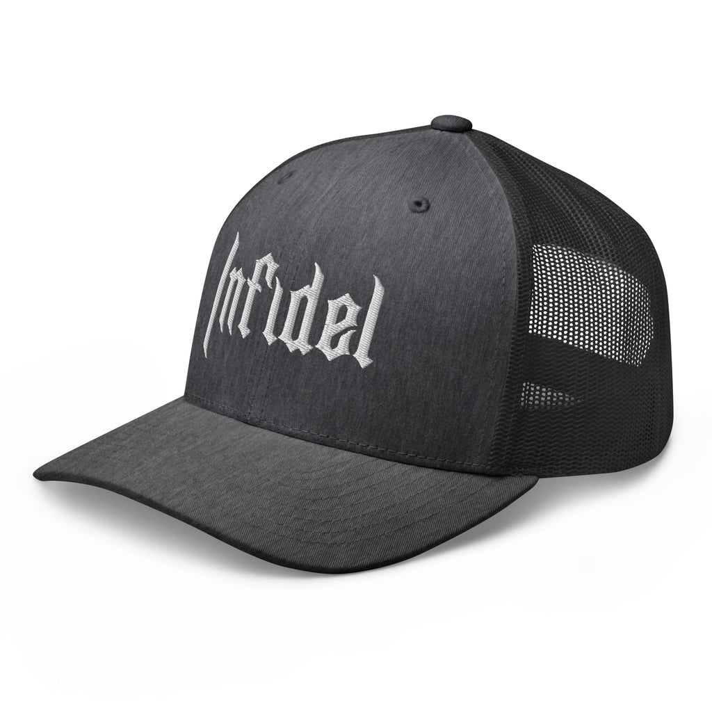 Dark Heather Gray, snapback hat, with embroidered OG INFIDEL mark, left front view