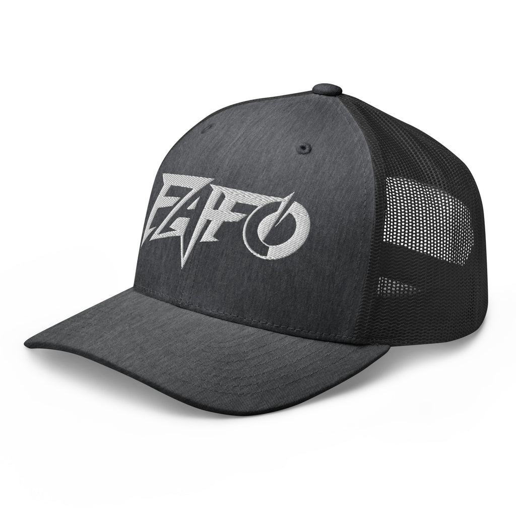 Dark Heather Gray snapback trucker cap with embroidered FAFO Power design, left front view