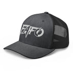 Dark Heather Gray snapback trucker cap with embroidered FAFO Power design, left front view
